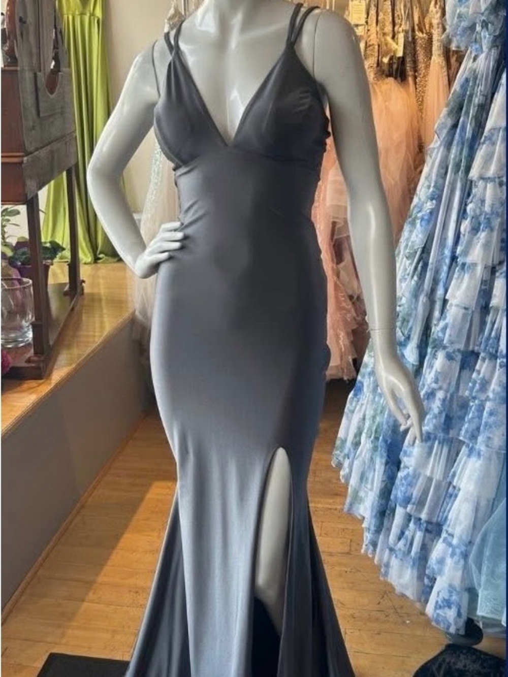 Charcoal Grey V-Neck Prom Gown with Thigh Slit